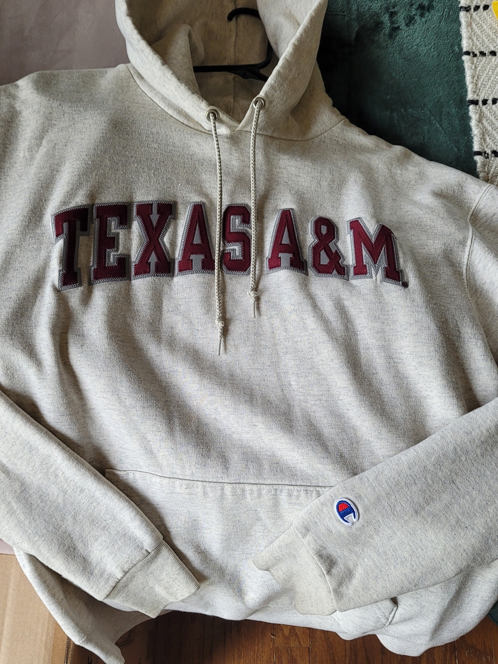 Champion Heather Gray Hoodie with Maroon Texas A&M Lettering
